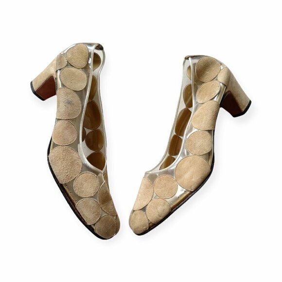 Vintage 60s Herbert Levine Mod Vinyl, Suede Pumps, Size 7B.Beige - Picture 5 of 14